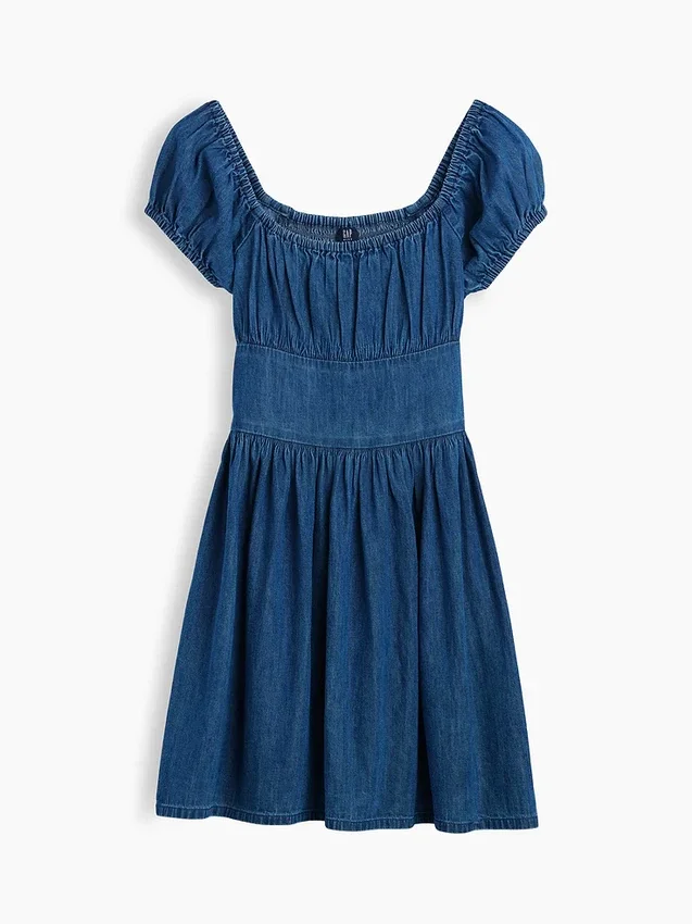 Vestito in denim per bambina con maniche a sbuffo