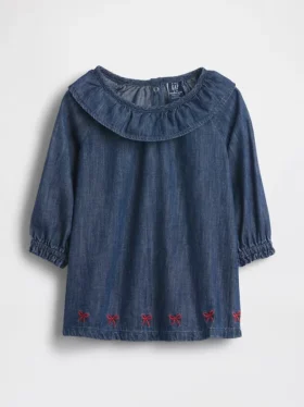 Vestito in denim per neonati con colletto a volant