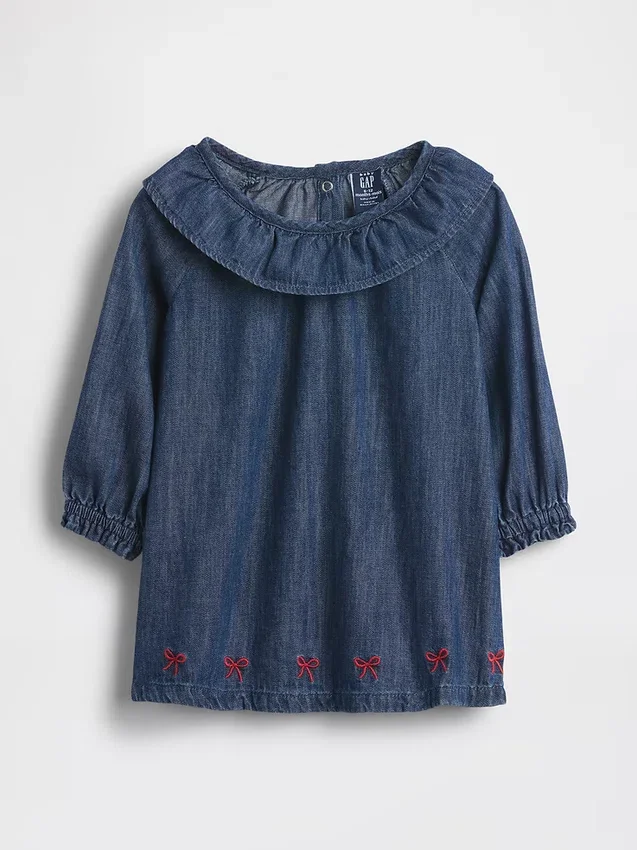 Vestito in denim per neonati con colletto a volant