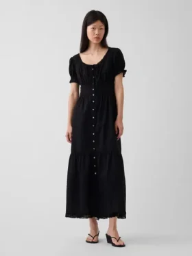 Vestito lungo a balze con scollo rotondo e bordi in pizzo