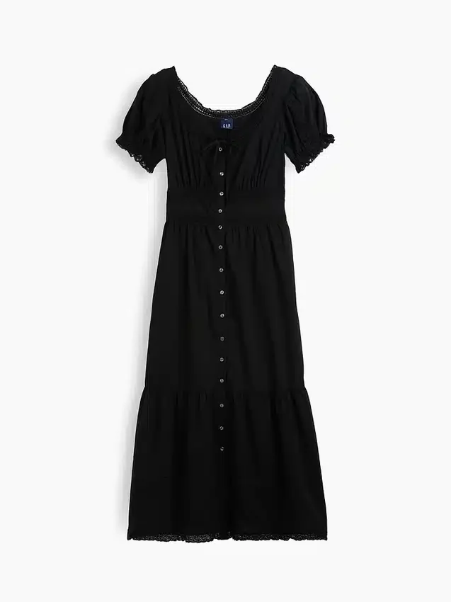Vestito lungo a balze con scollo rotondo e bordi in pizzo