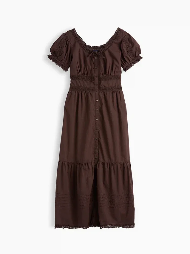 Vestito lungo a balze con scollo rotondo e bordi in pizzo