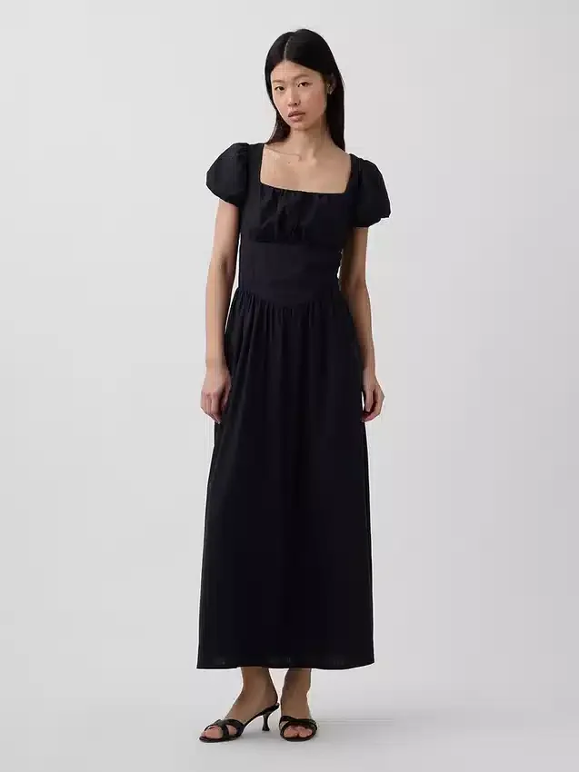 Vestito lungo a vita bassa in misto lino