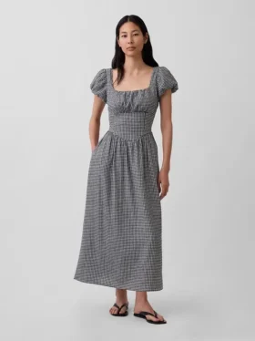 Vestito lungo a vita bassa in misto lino