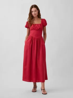 Vestito lungo a vita bassa in misto lino