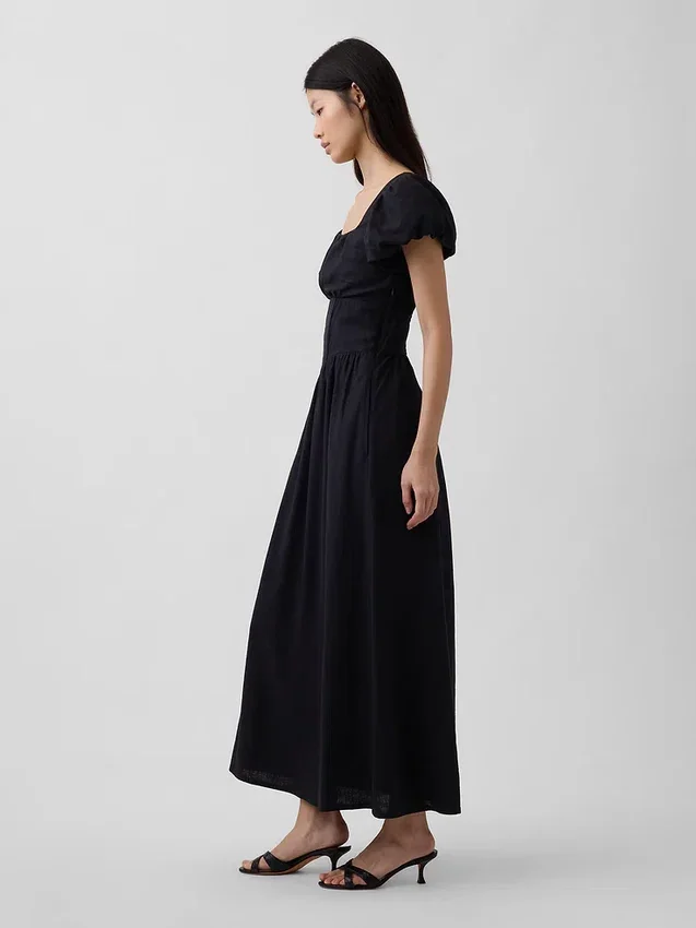 Vestito lungo a vita bassa in misto lino