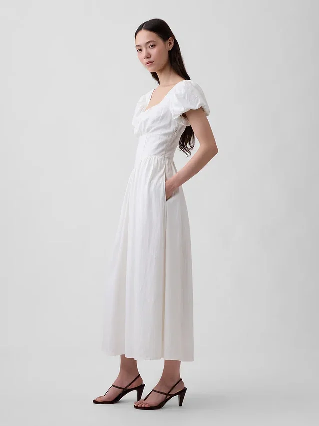 Vestito lungo a vita bassa in misto lino