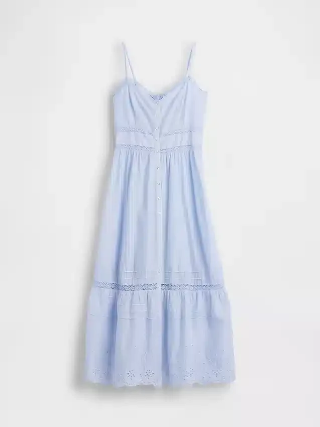 Vestito lungo con bottoni sul davanti e bordi in pizzo
