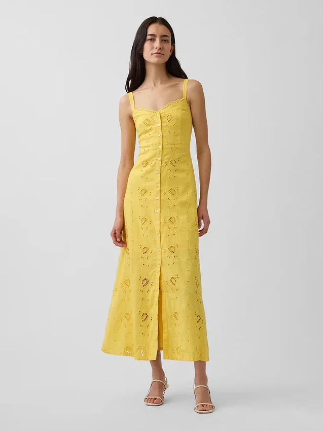 Vestito lungo con canotta ricamata in misto lino