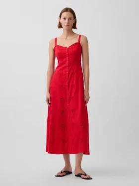 Vestito lungo con canotta ricamata in misto lino