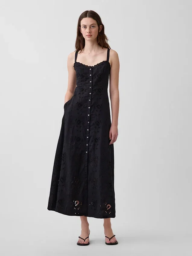 Vestito lungo con canotta ricamata in misto lino