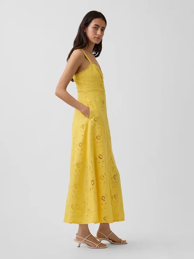 Vestito lungo con canotta ricamata in misto lino