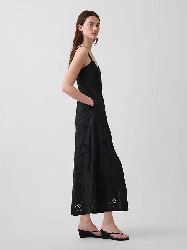 Vestito lungo con canotta ricamata in misto lino