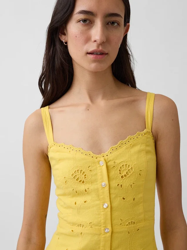 Vestito lungo con canotta ricamata in misto lino