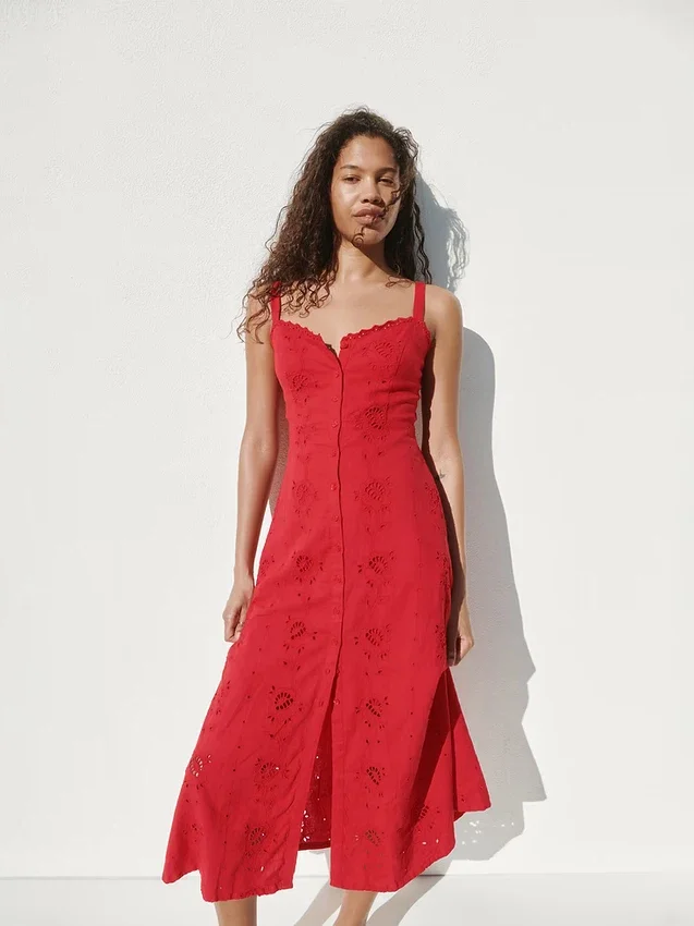 Vestito lungo con canotta ricamata in misto lino