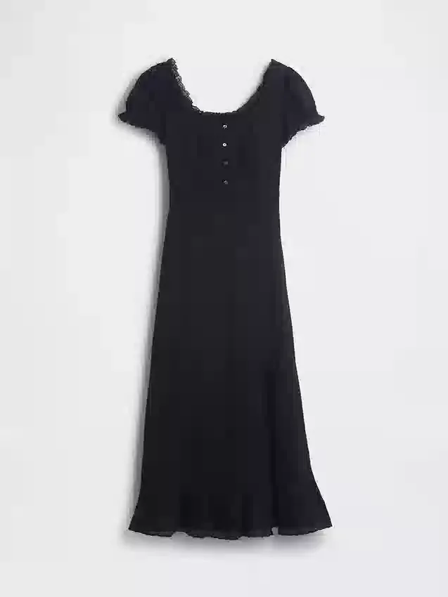 Vestito lungo con maniche a sbuffo ricamate