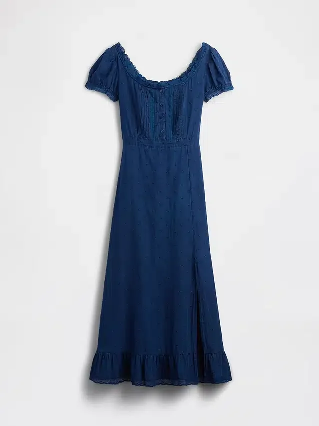 Vestito lungo con maniche a sbuffo ricamate