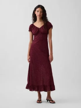 Vestito lungo con scollo a V e orlo con volant