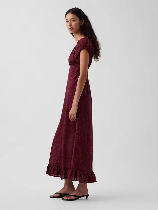 Vestito lungo con scollo a V e orlo con volant
