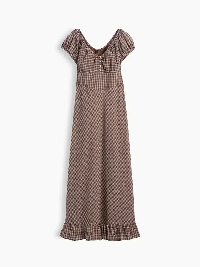 Vestito lungo con scollo a V e orlo con volant