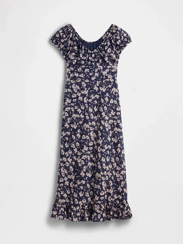 Vestito lungo con scollo a V e orlo con volant