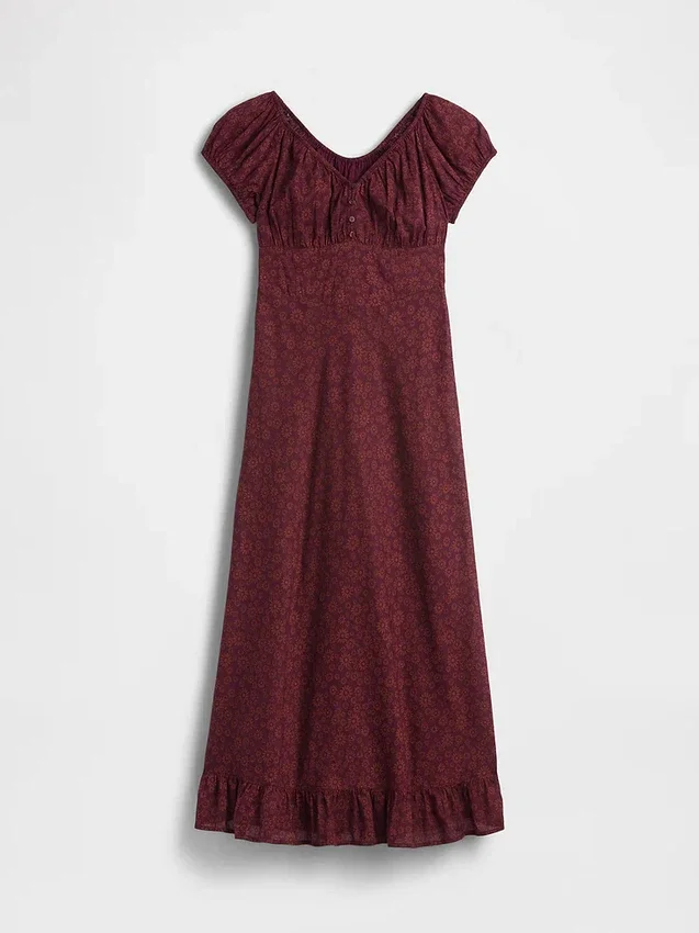 Vestito lungo con scollo a V e orlo con volant