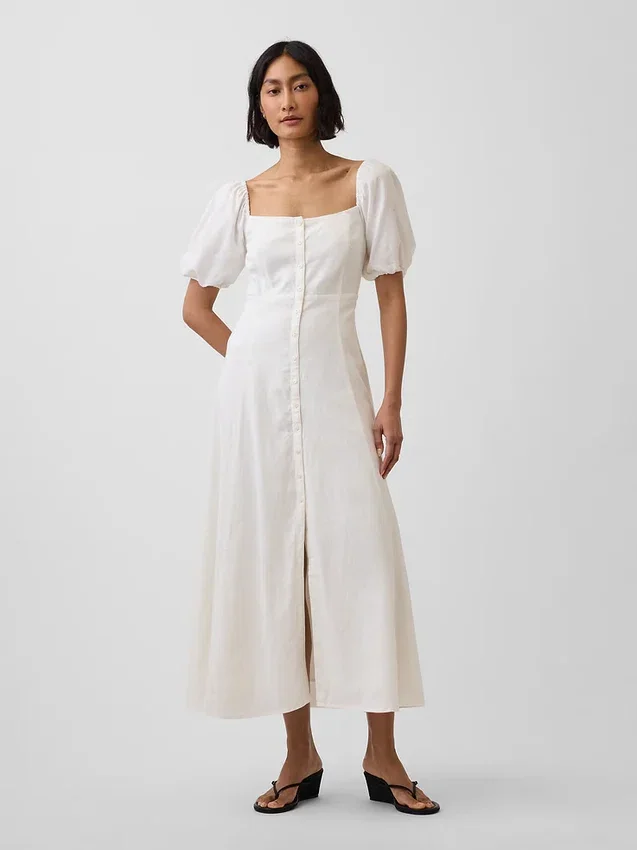 Vestito lungo con vita impero in misto lino