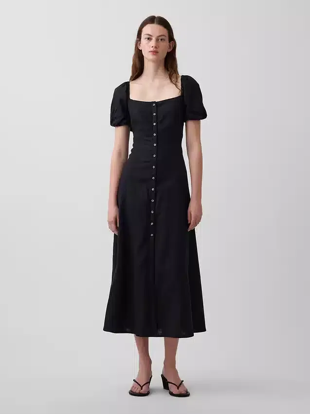Vestito lungo con vita impero in misto lino