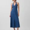 Vestito lungo halter in denim con cuciture