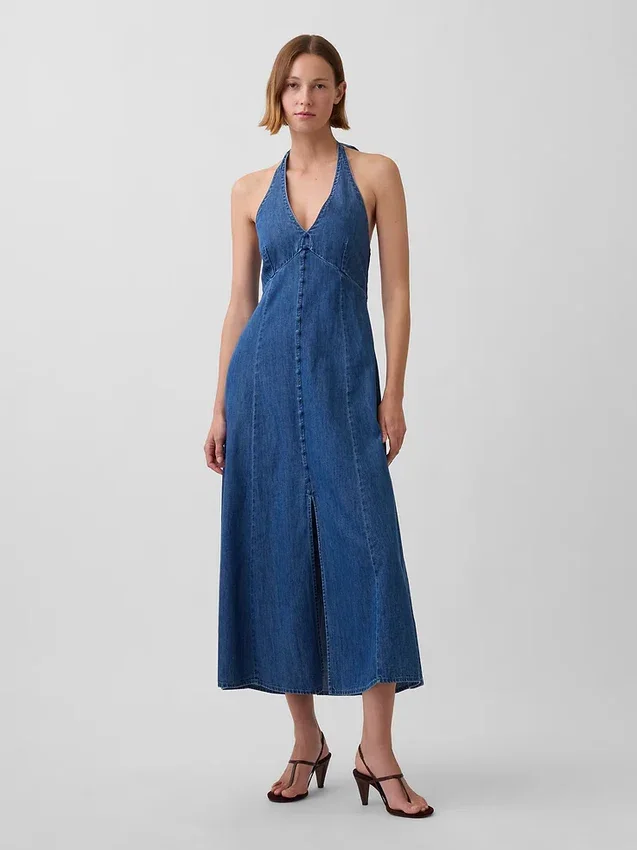 Vestito lungo halter in denim con cuciture
