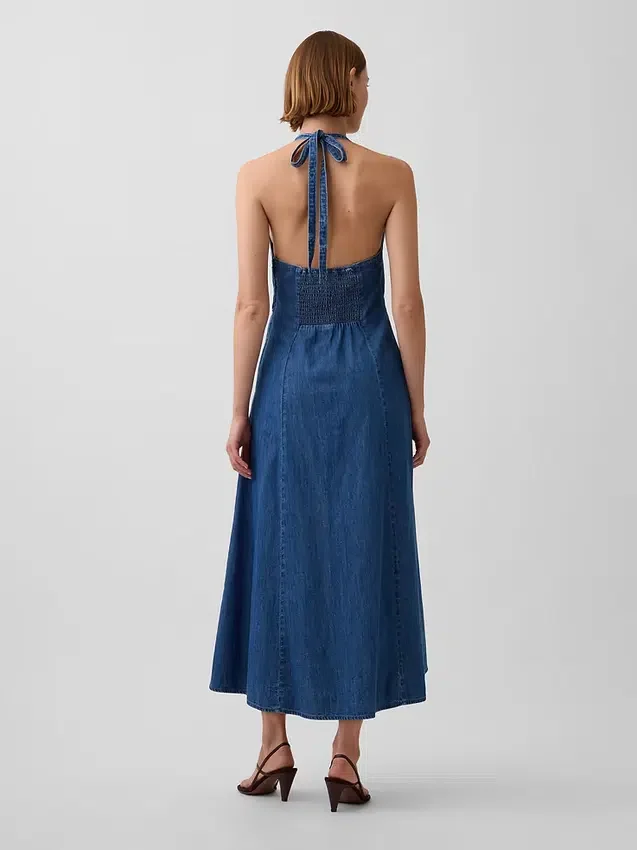 Vestito lungo halter in denim con cuciture