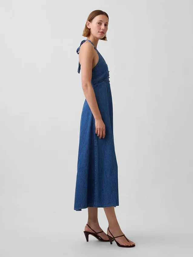 Vestito lungo halter in denim con cuciture