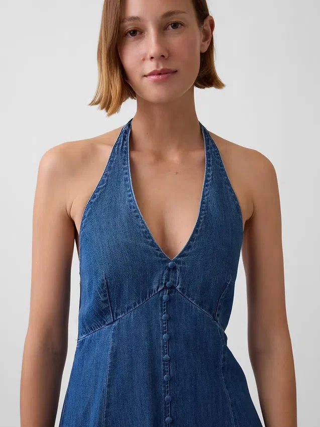 Vestito lungo halter in denim con cuciture