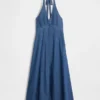 Vestito lungo halter in denim con cuciture