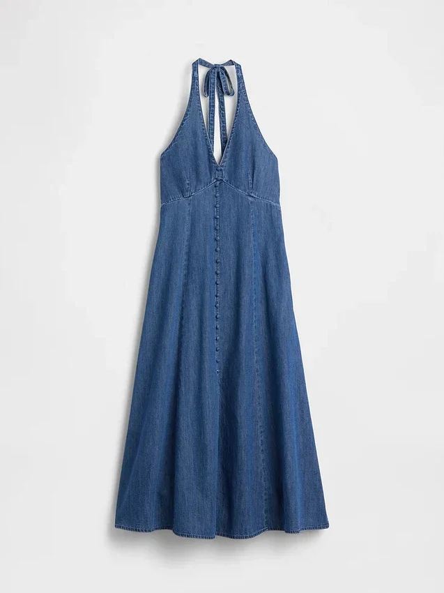 Vestito lungo halter in denim con cuciture
