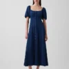Vestito lungo in denim con maniche a sbuffo e chiusura frontale con bottoni