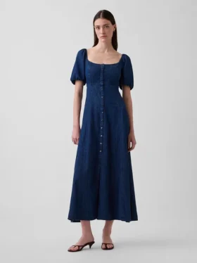 Vestito lungo in denim con maniche a sbuffo e chiusura frontale con bottoni