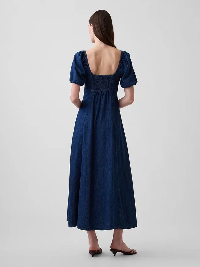 Vestito lungo in denim con maniche a sbuffo e chiusura frontale con bottoni