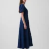 Vestito lungo in denim con maniche a sbuffo e chiusura frontale con bottoni
