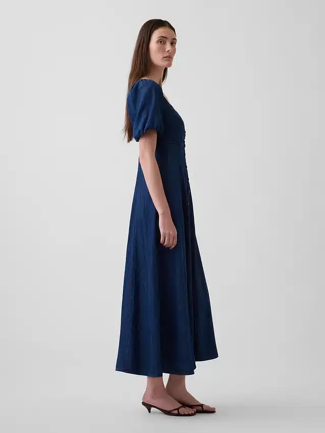 Vestito lungo in denim con maniche a sbuffo e chiusura frontale con bottoni