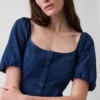 Vestito lungo in denim con maniche a sbuffo e chiusura frontale con bottoni