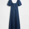 Vestito lungo in denim con maniche a sbuffo e chiusura frontale con bottoni