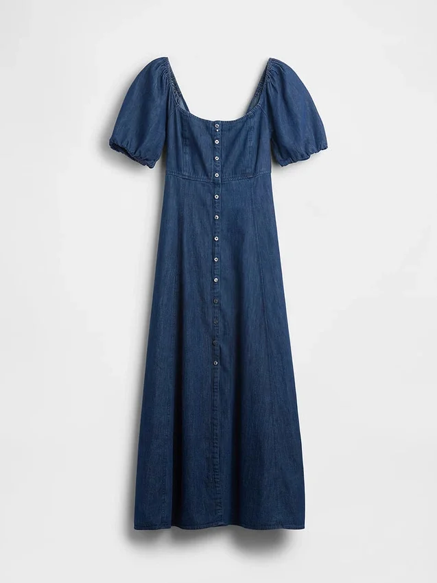 Vestito lungo in denim con maniche a sbuffo e chiusura frontale con bottoni