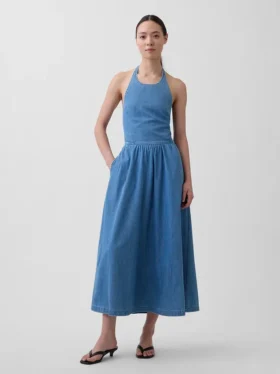 Vestito lungo in denim con scollo all’americana e lacci sul retro