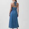 Vestito lungo in denim con scollo all’americana e lacci sul retro