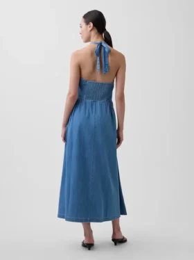 Vestito lungo in denim con scollo all’americana e lacci sul retro