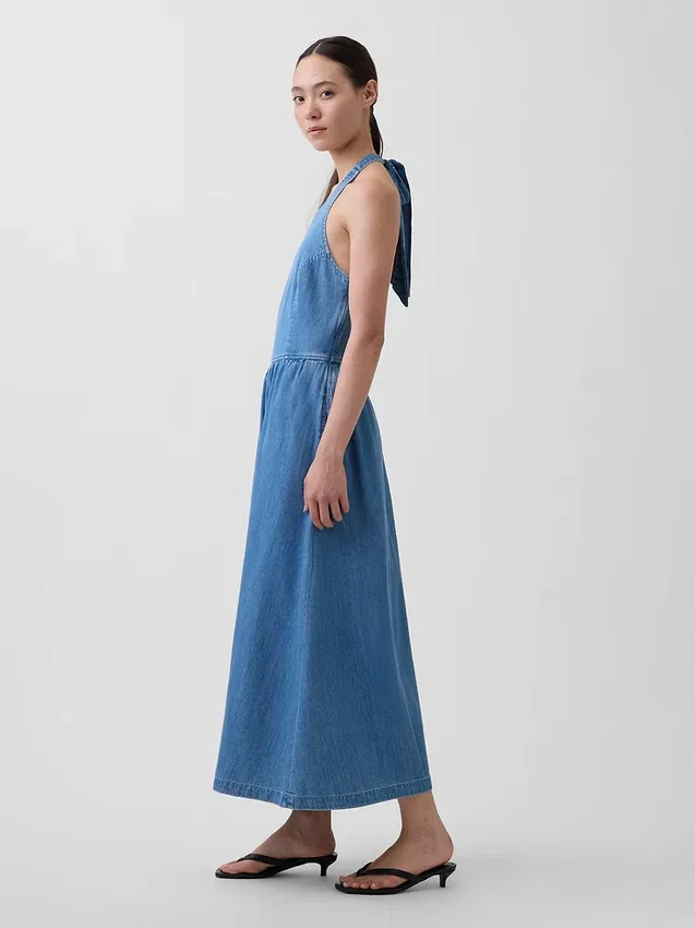 Vestito lungo in denim con scollo all’americana e lacci sul retro