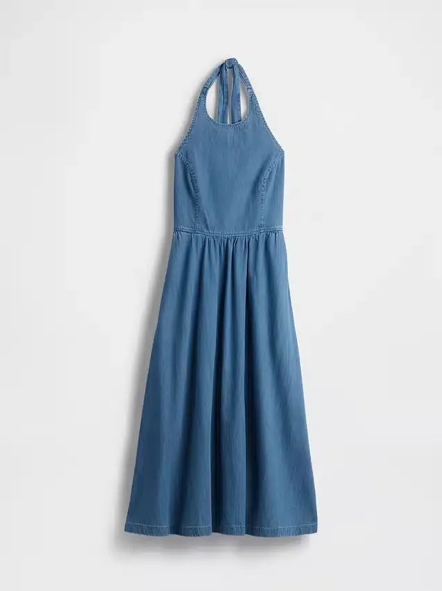 Vestito lungo in denim con scollo all’americana e lacci sul retro