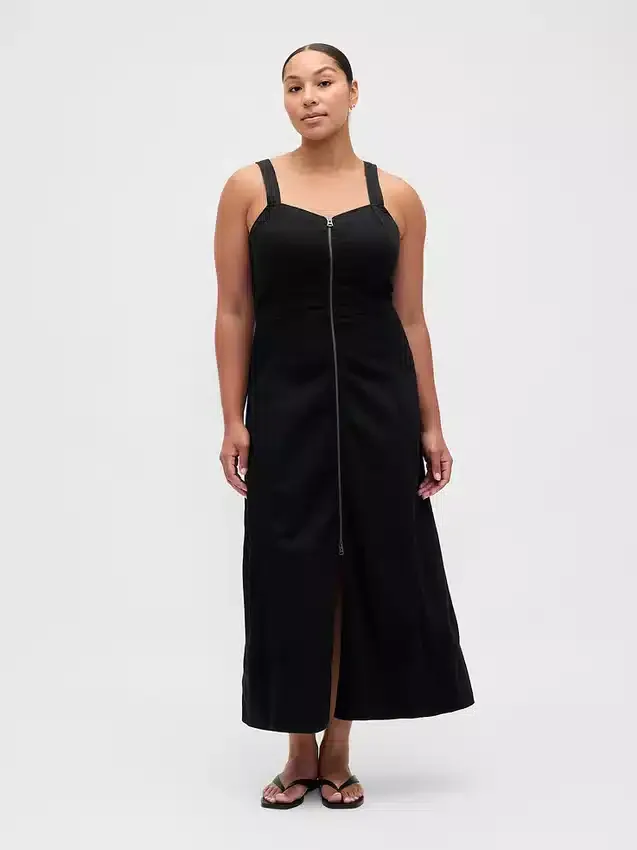 Vestito lungo in denim morbidissimo con chiusura frontale a zip