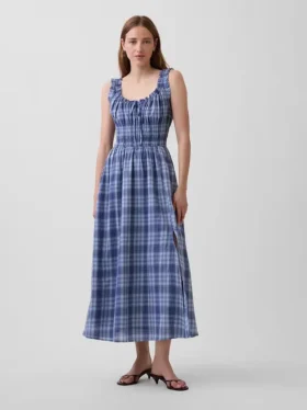 Vestito lungo in voile a quadri con vita smockata